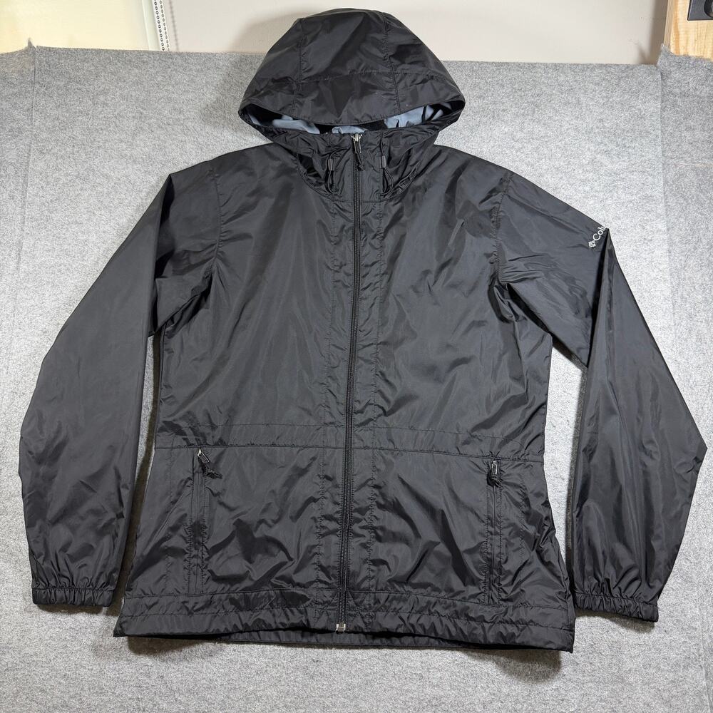 Columbia Packable Hooded Jacket Womens L Black Water Resistant Windbreaker
